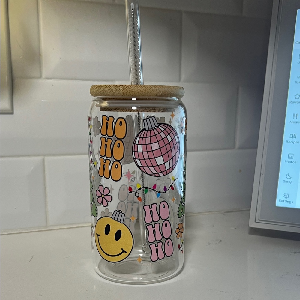 Festive Glass Tumbler with Straw